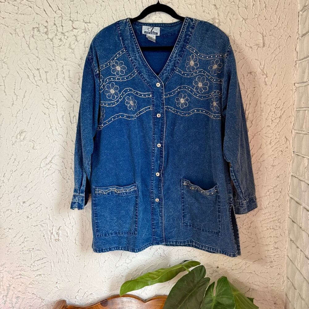 Vintage 90s Denim Jacket Shirt Plus Size 2X | Embroidered Floral Jean Top